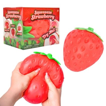 Jucarie antistres Squeeze Strawberry, extra mare (≈13 cm), squishy cu revenire la forma, fidget senzorial pentru copii si adulti, rosu/verde, 1 buc