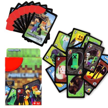 Set carti de joc Minecraft UNO, Joc de societate Minecraft UNO, 2-10 jucatori, 7 ani+, pentru copii sau adulti, multicolor