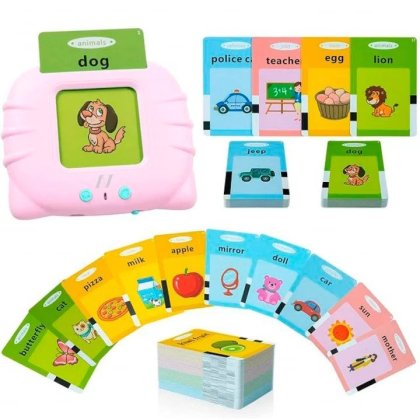 Jucarie educativa Montessori pentru copii, Set masina de invatare cuvinte in limba engleza cu cititor de carduri flash, 224 de cuvinte 112 carduri, incarcare MicroUSB, 2 ani+, Rozate pliabile, wifi, camera 2mp, transmisie live pe telefon