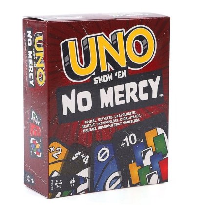 Joc Uno - No Mercy, AjieQaQ® Pro Edition, Carton Rezistent la Apa, Multicolor, Dimensiune Portabila 8x12cm, Reguli Usoare, Pentru Familie/Adulti/Adolescenti 7+, Jocuri de Petrecere